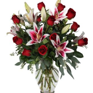 PINKS AND RED using ROSES AND LILIES