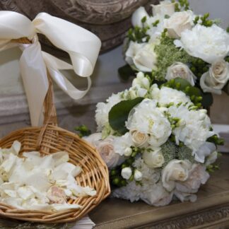 White peony with green accents