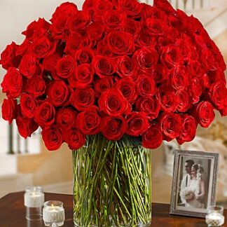 100 Premium Long Stem Red Roses in a Vase